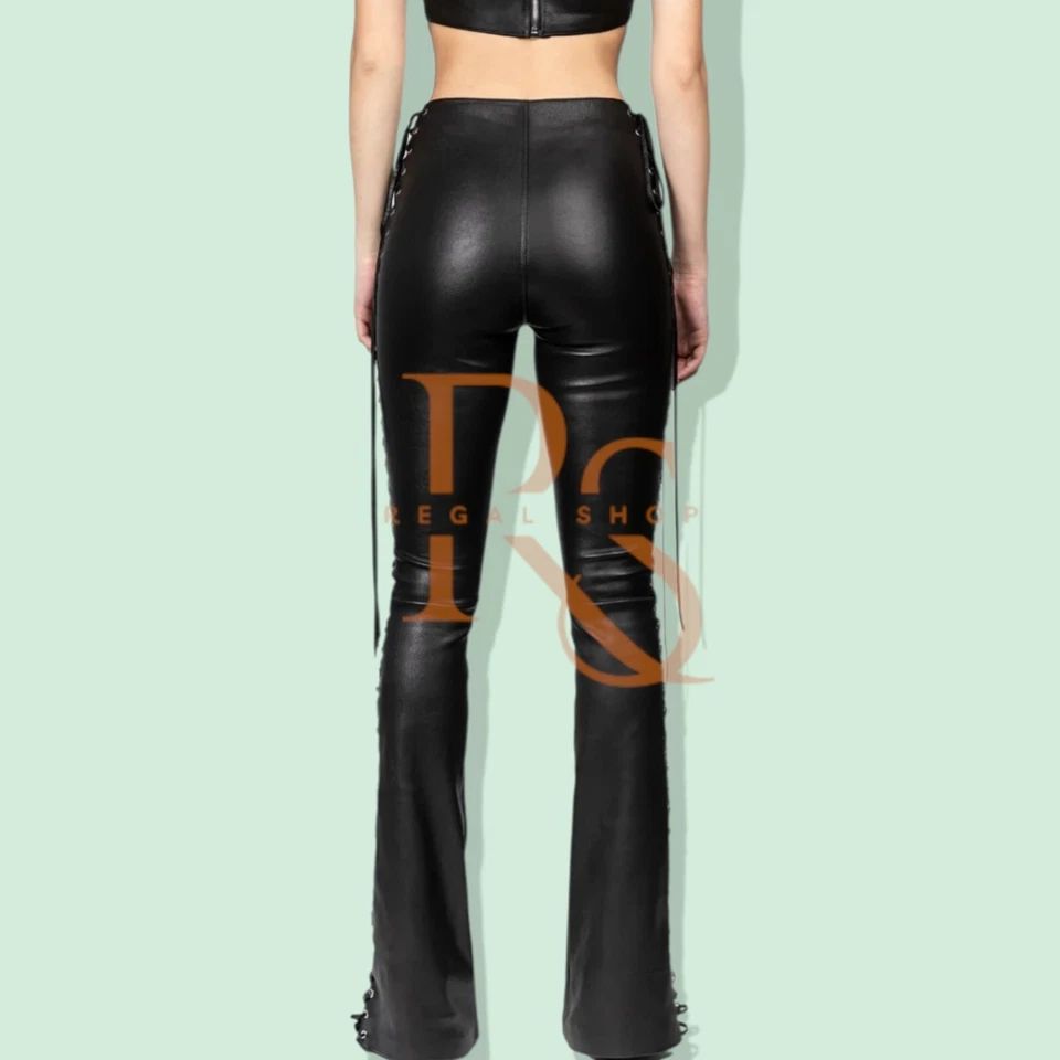 Pantalón de cuero negro para mujer Pantalón de cuero genuino de piel de cordero estilo con cordones Foto 3 de 4