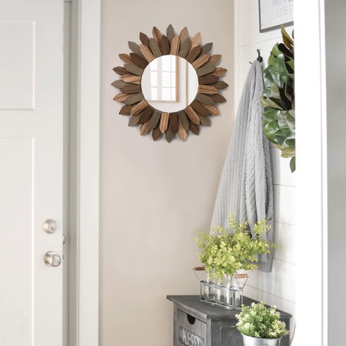 Boho Wall Decor 12 inch Decorative Mirror with Rustic Wood Sunburst Frame, Pe... - Picture 7 of 9