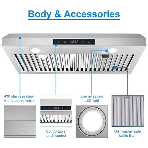 30 inch Kitchen Under Cabinet Range Hood 600CFM Stainless Steel 3-Speed Touch - Picture 8 of 14