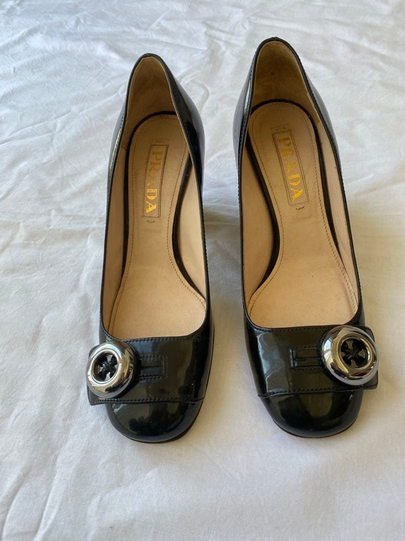 PRADA Black Patent Leather Square Toe Buckle Heels Women's Size EU 34 (US 4)