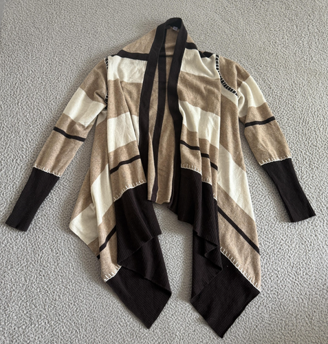 Cullen Pullover Damen mittelbraun elfenbein gestreift 100% Kaschmir offene Strickjacke - Bild 1 von 8