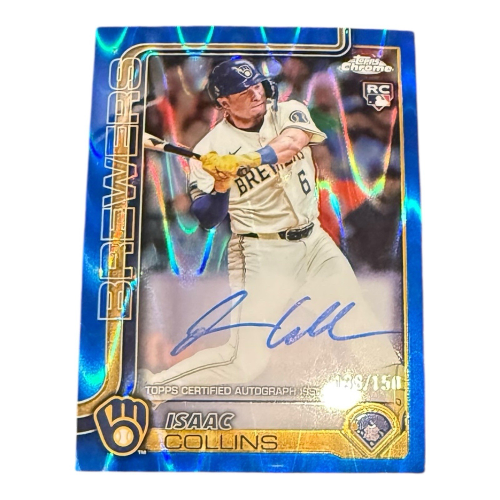 2025 Topps Chrome - Rookie Autos Isaac Collins #RA-IC Blue RayWave /150 (AU/RC)