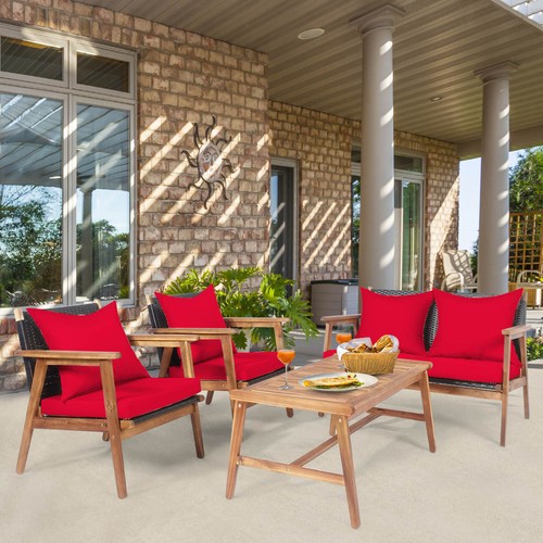 4PCS Patio Conversation Set Wood Frame Furniture Set w/ Red Cushions - Picture 4 of 10