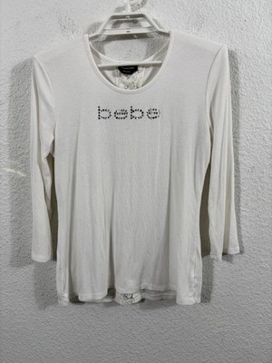 Bebe Shirt Womens Large White Rhinestone Logo Lace Up Back Ribbed Y2K Top