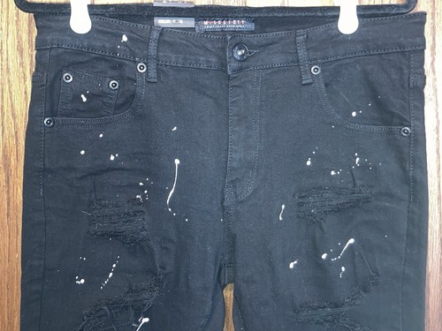 Mens M. Society 34x30 Skinny Jeans Black Stretch Distressed White Paint Splatter