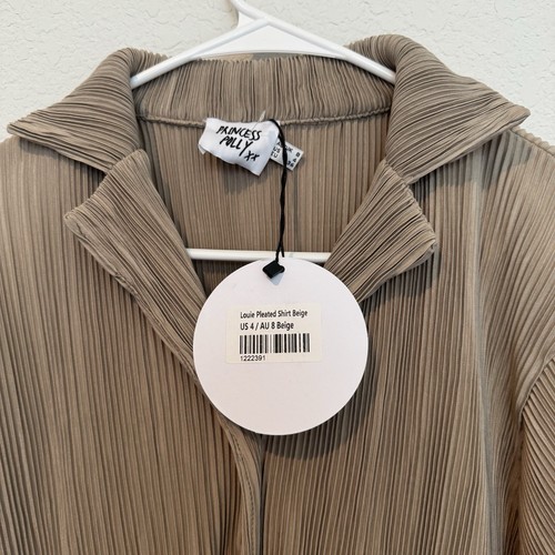 Princess Polly Louie Pleated Beige Button Up Ribbed Collared Womens 4 - Picture 5 of 6