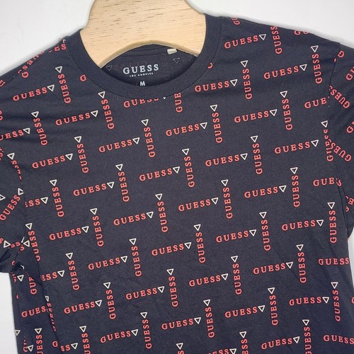 Guess Shirt Small Adult Black Red Spell Out Logo All Over Print Casual Mens M
