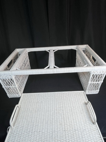 Vintage White Wicker Bed Breakfast Tray Table Magazine Pockets Removable Tray - Picture 10 of 16