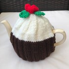 HAND KNITTED CHRISTMAS PUDDING TEA COSY  FOR A MEDIUM 3-4 cup POT cream icing