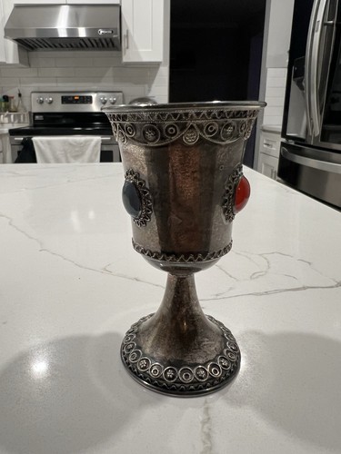Tazza Kiddush Vintage Zadok Argento Sterling 925 Filigrana Giudaica 3 Eilat Stone 57g - Foto 4 di 9