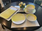 6 Place Setting +Server + More -Yellow  & White Pattern Melamine Rachel Ray Used