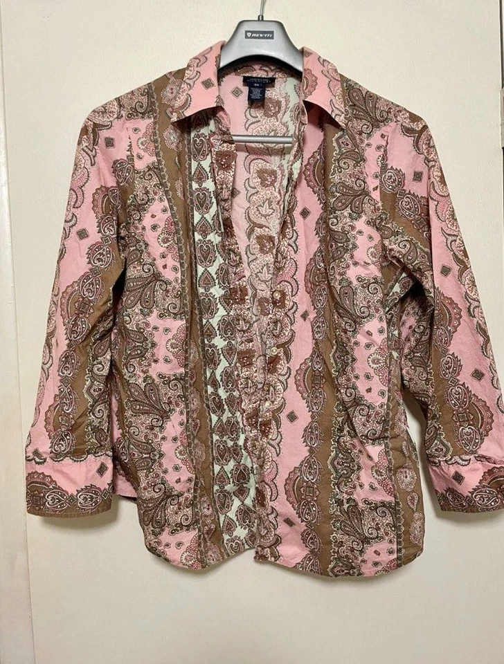 Mujer Talla Grande 2X Jones New York Signature Rosa y Marrón Blusa Top Con Defecto Foto 2 de 4