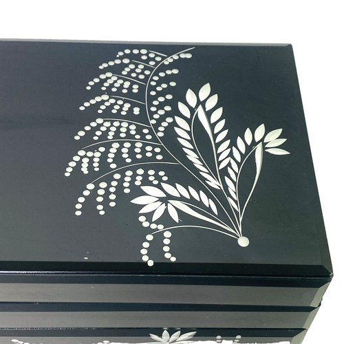 Vintage Black Lacquered Jewelry Trinket Glass Box Drawers Asian Art Deco Floral - Picture 5 of 18