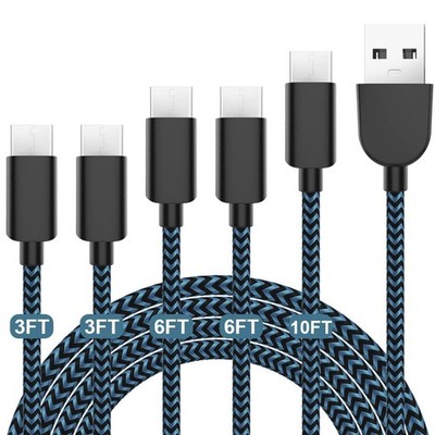 5Pack (3/3/6/6/10FT) Fast Charging 3A 3ft, 6ft, 10ft, Black&Blue 