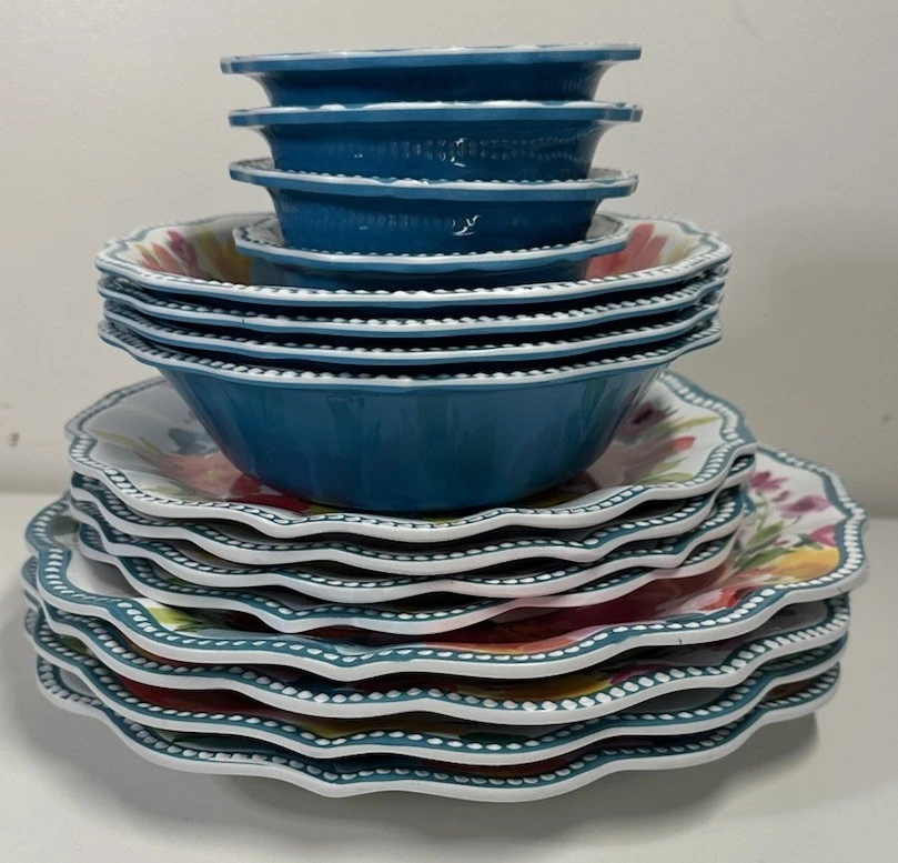 Juego de 16 platos Pioneer Mujer 2 tamaños y 2 tamaños de cuencos diseño flores ventosas Foto 2 de 2