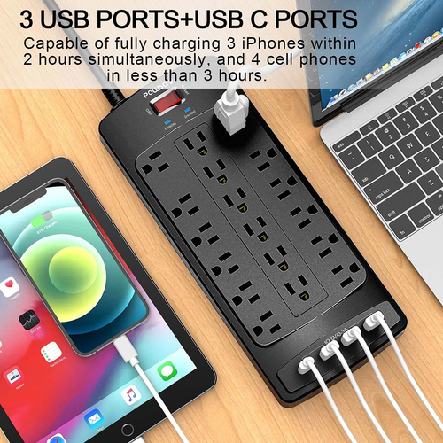 18 Outlets Surge Protector Power Strip - 6 Feet Flat Plug Heavy Duty Extension C - Picture 3 of 12