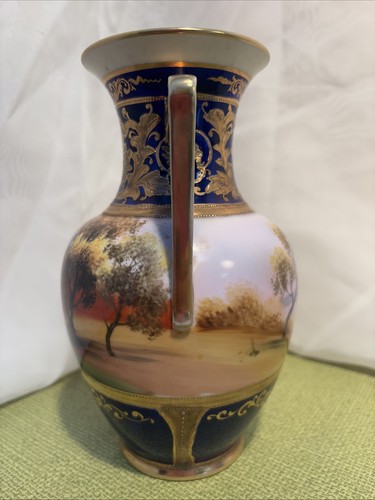 Noritake Cobalt Blue Hand Painted Nature Scene Vase With 24k Gold Gilt 1920s? - Picture 3 of 15