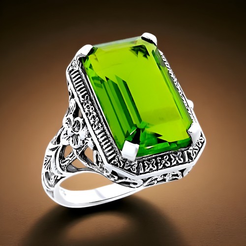 ART NOUVEAU STYLE 925 STERLING SILVER 5.5 CARAT SIMULATED PERIDOT RING     #1134 - Picture 1 of 4