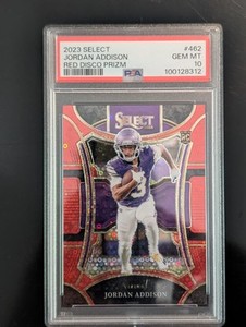 JORDAN ADDISON 2023 SELECT SUITE ROOKIE RED DISCO PRIZM RC /49 PSA 10
