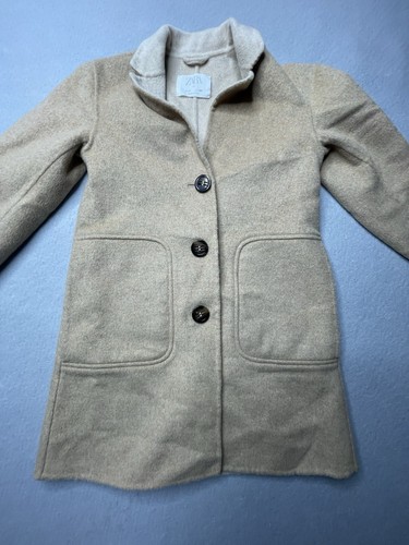 Zara Coat Kids 7 Years Tan Wool Blend Unlined Coat Button - Picture 3 of 8