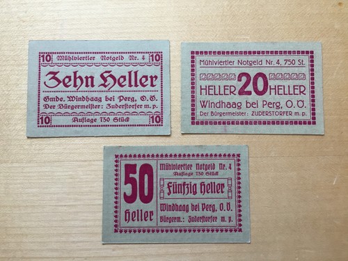 WINDHAAG bei Perg, Mühlviertler Notgeld Nr. 4, 10,20,50 Heller, 750 Stück Auflag