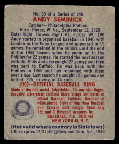 Bowman 30 1949 Andy Seminick Philadelphia Phillies en muy buen estado - Imagen 2 de 2