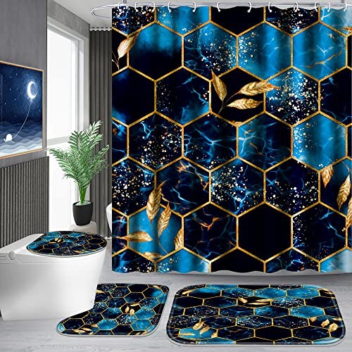 4-teiliges Badezimmer Duschvorhang Set, Badezimmer Sets mit Vorlegeren (Badematte, U Marmor-03 - Bild 2 von 7