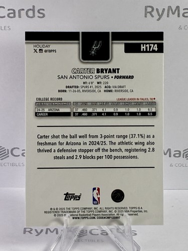 Carter Bryant RC Lot 2025-26 Topps Basketball Holiday #H174 Base Glitter - Picture 3 of 5