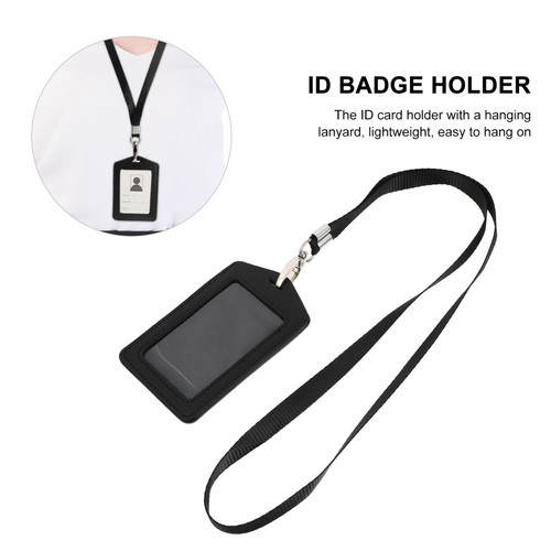 1pc Employee ID Credit Holder Removable Lanyard Cover (Black) PU Badge Holder - Imagen 4 de 12