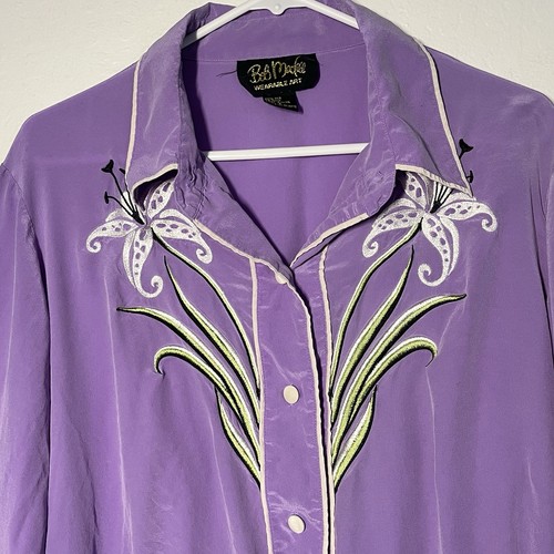 Bob Mackie 100% Silk Blouse Size 1X Purple White Lily Embroidered Wearable Art - Picture 2 of 11