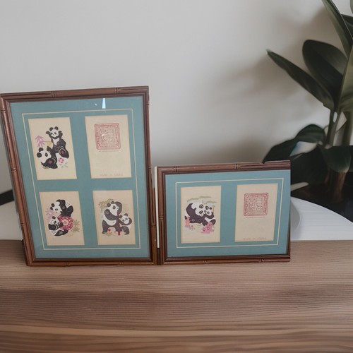 2 Vintage Panda chinesischer Papierschnitt Jianzhi Holzrahmen Handarbeit Wandbehang signiert - Bild 1 von 14