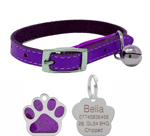 Leather Cat Collar with Safety Elastic Bell & Personalised 27mm Glitter Tag Set - Picture 36 of 47