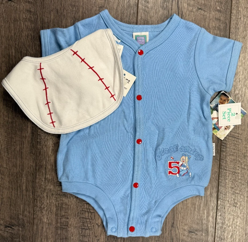 Baby Boy Clothes New Vintage 2pc Little Me 3 Month Blue Baseball Romper Outfit