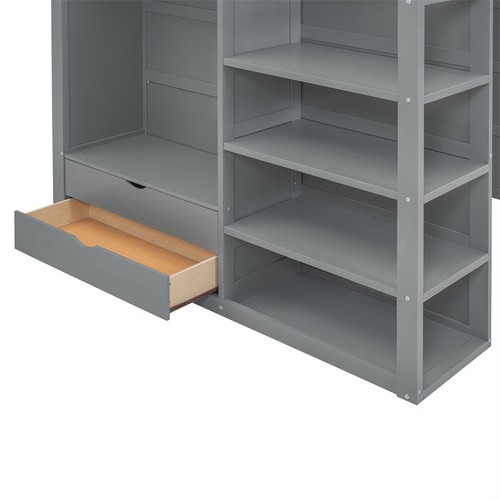 Full Size Solid Wood Loft Bed w/Desk,Wardrobes,4 Drawers & Storage Shelves-Gray - Picture 8 of 23