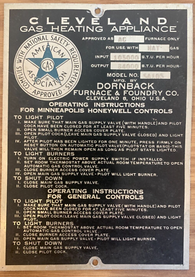 Vintage CLEVELAND GAS DORNBACK FURNACE Metal NAMEPLATE EMBLEM | eBay