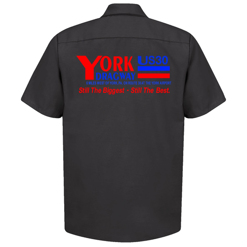 York US30 Dragway PA Dragstrip Black Shop Shirt Button Down Mechanic Red Kap FS - Picture 2 of 3