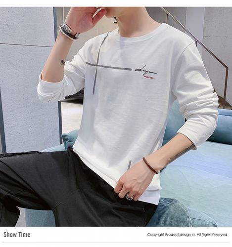 Men's Spring Long Sleeve Crewneck Cotton Fashion Casual Solid Color T-shirt Top - Picture 6 of 12