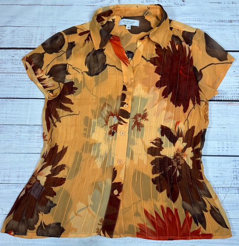 Emanuel Womens Short Sleeve Button Front Blouse Size 10 Orange Floral Pintucked