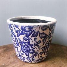 Blue White Floral Pattern Rustic Aged Dutch Plant Pot Cover Planter Shabby Chic