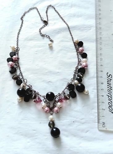 Glass & Acrylic Bead Charms & Chain Necklace Black, Purple, Cream A193 - Picture 2 of 4