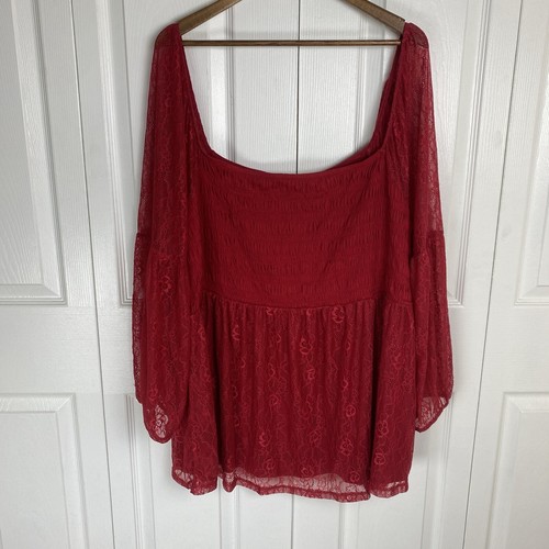 Torrid 5X Top Blouse Red Lace Smocked Babydoll Long Sleeve Floral Boho Bohemian - Picture 5 of 5