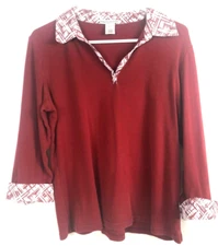 Women's Rebecca Malone Burgundy White V-Neck Collared Cuff Sleeve Blouse Size L
