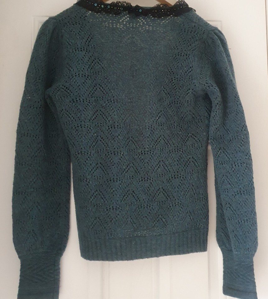 Whistles Vintage Lambswool Wool Blend Cardigan Size 2 UK 12 Teal Blue