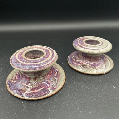 Studio Art Pottery - Pair of Taper Candle Holders - Signed "D" Purple& Gray - Picture 1 of 9