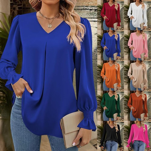 Womens V Neck Long Sleeve Pullover T-shirt Ladies Loose Winter Blouse Tops Tees - Picture 3 of 33