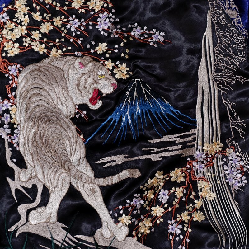 Sukajan White Tiger Sakura Fuji Japan Satin Embroidery