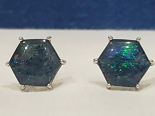 Australian Boulder Opal stud earrings in Rhodium over 925 SS 4.50 tcw - Picture 2 of 5