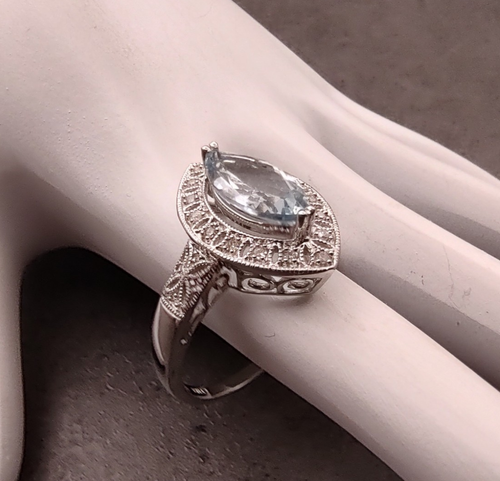 Estate Sterling Silver Marquise Aquamarine & Diamond Halo Cocktail Ring Sz 10 - Picture 10 of 16