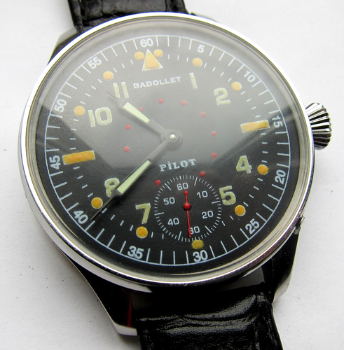 Cool large Swiss BADOLLET wristwatch military pilot aviator, steel case 47.8 mm - Picture 1 of 22