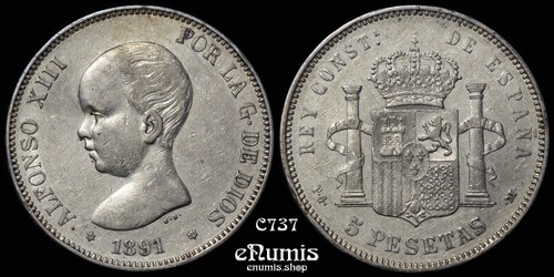 SPAIN, Alfonso XIII, 5 Pesetas 1891 PG-M, XF+ - Picture 1 of 7